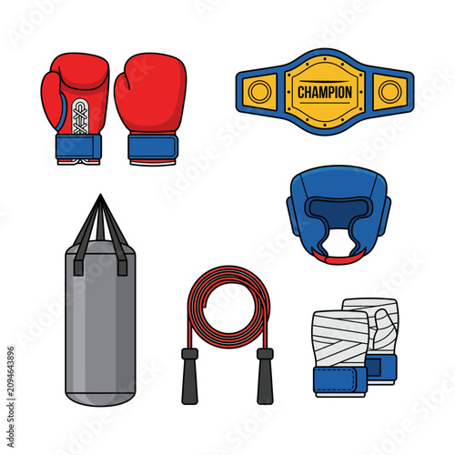 Cuadro en lienzo Detailed boxing and martial arts equipment training gear icons with boxing glove