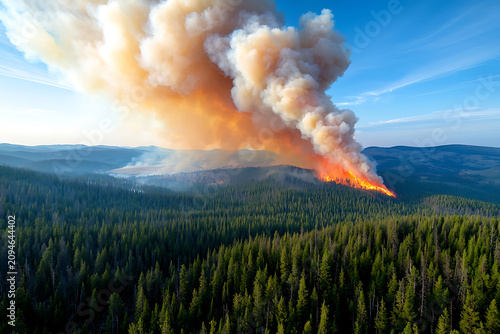 Vast forest fire rages across a mountain landscape with thick smoke plumes
