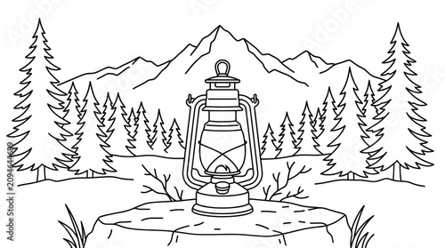 Foto Vintage oil lantern on rock with mountain scenery.