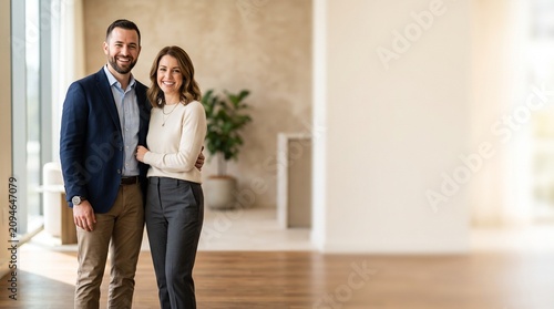 Professional couple smiling in modern office. Business partners posing together in smart attire. Successful team collaboration and corporate relati...