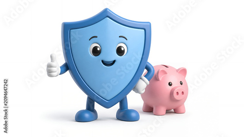 Cute 3D Financial Protection Shield Character on White