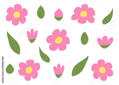 Floral set isolated on transparent or white background. Vector illustration. Pink simple flowers with green leaves. Doodles. Close-up elements for decorating summer designs. Hand drawn.