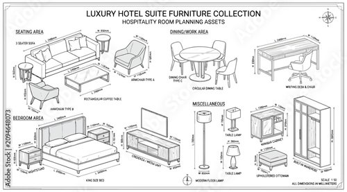 Canvastavla Luxury hotel suite furniture collection with isometric views and dimensions for