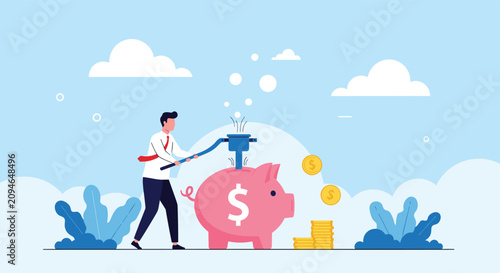 Businessman using a large funnel to deposit gold coins into a pink piggy bank, representing financial planning, savings, and investment strategies.