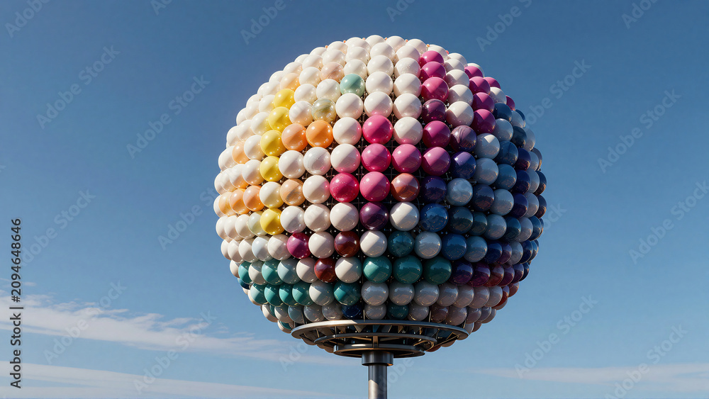Fototapeta premium Vibrant Multi Colored Ball Sculpture Against Blue Sky