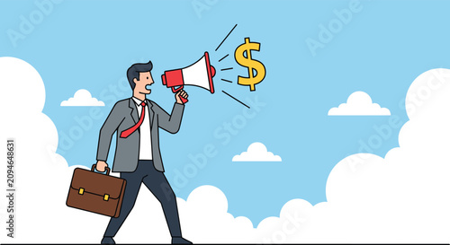 Businessman in a grey suit walking and shouting into a megaphone with a large yellow dollar sign coming out of it, representing financial promotion.