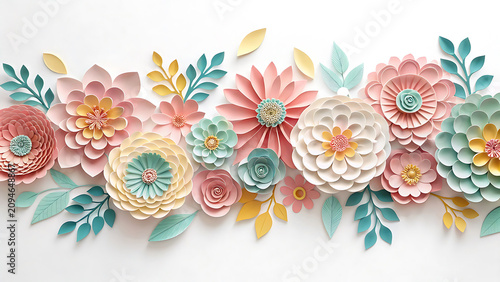 Pastel paper flowers and leaves horizontal border arrangement