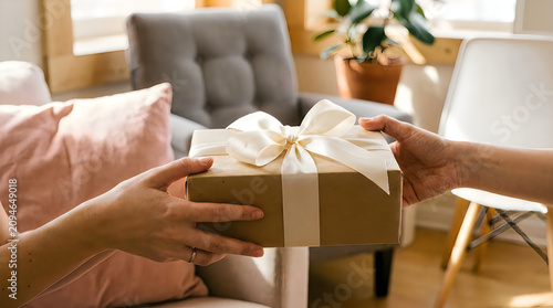 Close-up of two people exchanging a gift box tied with a white ribbon in a brightly lit indoor setting with soft focus background.