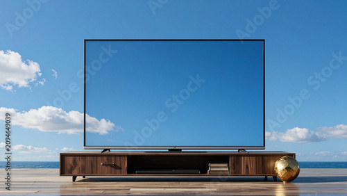 Minimalist TV Screen Reflecting Open Sky and Ocean View