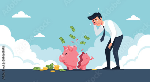 Worried businessman looking in despair at a broken pink piggy bank with money and coins scattered on the ground.