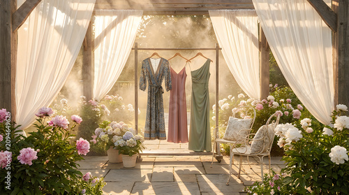 Elegant dresses on hangers outdoors in garden setting with flowers, sunbeams and soft focus.