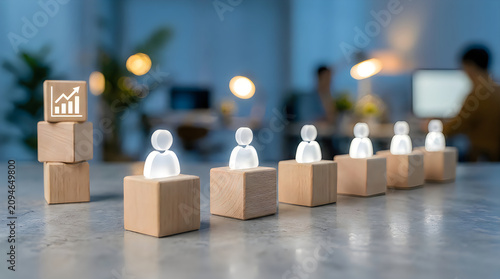 Figurines representing people on cubes with growth chart icon on stacked blocks, business human resources concept.
