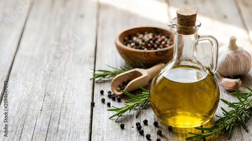 Healthy Mediterranean ingredients like olive oil, garlic, rosemary and peppercorns on rustic wooden table.