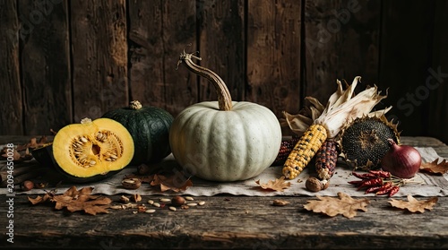 Autumn harvest display featuring various pumpkins colorful corn stalks dried leaves nuts dark wooden background rustic table arrangement seasonal celebration thanksgiving kitchen decor.