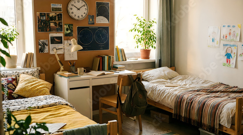 Cozy dorm room with two beds, a desk and study materials, decorated with posters and plants, natural light filling space.
