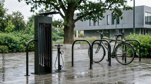 Public bicycle repair station with tools and floor pump located on paved pathway outside office building in park setting featuring green trees and cloudy sky during summer daytime.