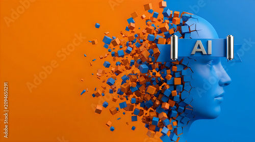 Artificial intelligence concept with human head profile composed of digital cubes exploding into fragmented pieces representing machine learning and advanced future technology growth.