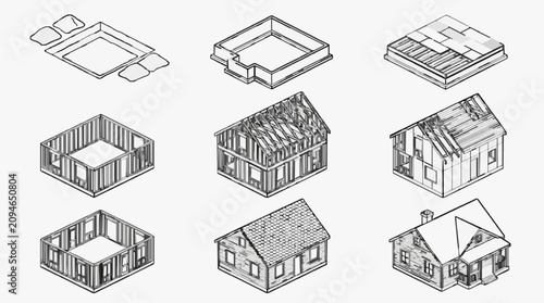 Bild auf Leinwand Clean Architectural Isometric Sketches of House Construction Stages in Monochrom