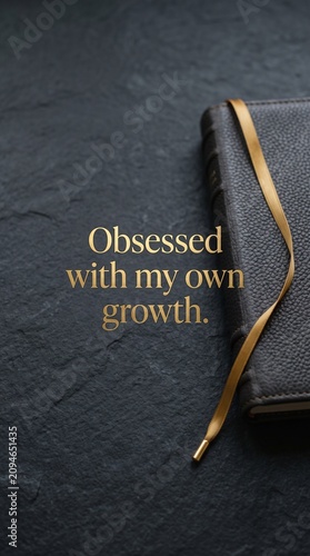 Inspirational self growth quote obsessed with my own growth typography on textured slate background with elegant leather journal and gold ribbon vertical mobile background