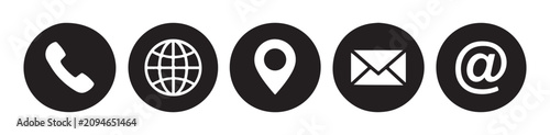 Contact icons phone globe map email and at symbol in black circles on grey background.