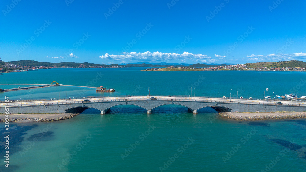 Fototapeta premium Aerial View of Cunda Island Bridge and Turquoise Sea in Ayvalik Turkey
