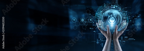 Foto Supply chain manager and partners holding hands over Logistics shipping network maps to ensure fast global deliveries
