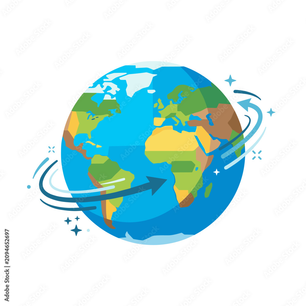 Fototapeta premium A colorful cartoon globe features continents and swirling arrows around it.