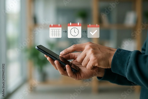 Person using a smartphone to manage time and schedule tasks with digital calendar icons