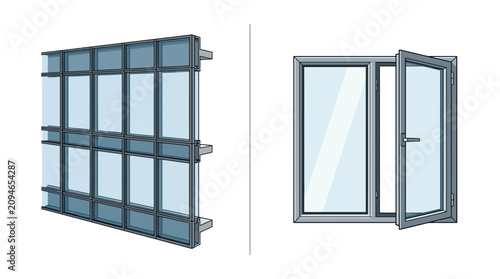 Modern glass curtain wall and open window frame illustration
