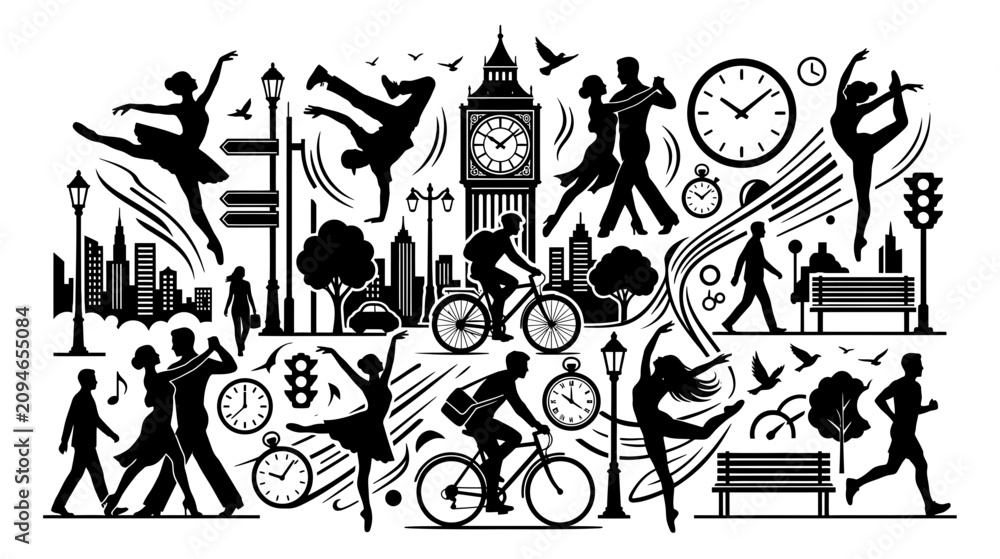 Obraz premium Urban Lifestyle Collage: Dancing, Cycling, Running, City Silhouettes