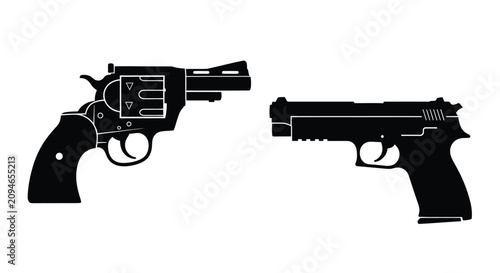 Tableau sur toile Revolver And Semi automatic Pistol Silhouettes On White Background