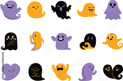 Cute Halloween ghost cartoon character icon set doodle illustration