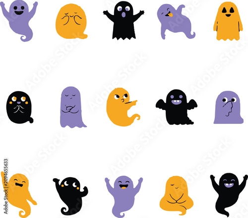 Cute Halloween Ghost Character Vector Set with Different Facial Expressions