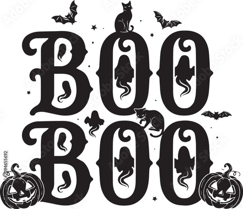 Halloween Boo Boo Vector Typography Design with Black Cats, Ghosts, Bats, and Pumpkins Silhouette