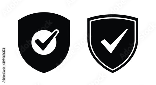 Shield With Check Mark Icons Black Silhouette On White Background