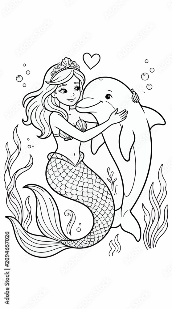 Obraz premium Black and White Coloring Page Illustration of a Mermaid Hugging Her Dolphin Friend Warmly, with a Heart Symbol Above, Surrounded by Underwater Plants and Bubbles, Vector Graphic