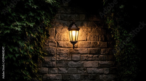 Old stone wall with glowing lantern, dark ivy and shadows