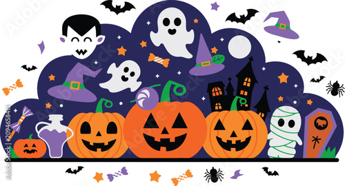 Festive Halloween Illustration Featuring Carved Pumpkins and Spooky Characters in a Whimsical Flat Design Style