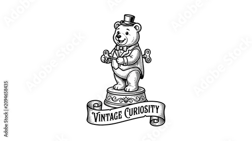 Canvastavla Vintage Wind-up Teddy Bear Toy with Top Hat and Tuxedo