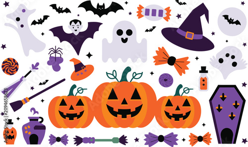 Collection of Halloween icons featuring pumpkins and ghosts in flat style