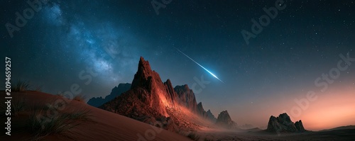 A celestial event streaks across the starlit desert sky over jagged peaks
