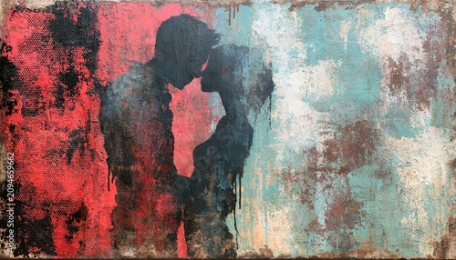 Silhouetted couple locked in an intimate embrace against a textured backdrop