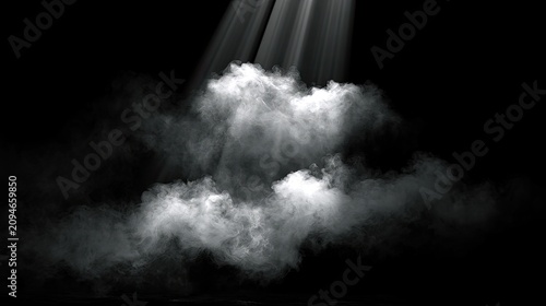 Ethereal light beams pierce through billowing, illuminated clouds on a dark background