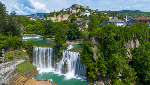 Aerial Panorama of Historic Jajce Town with Pliva Waterfall and Fortress in Bosnia and Herzegovina