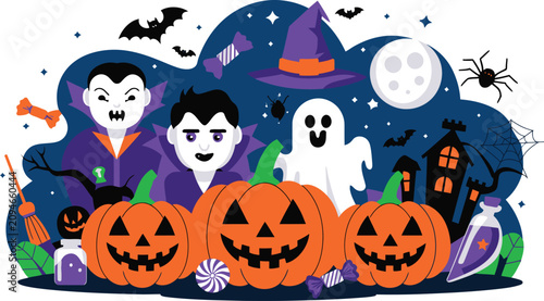 Vampires and Ghost Characters with Pumpkins in a Spooky Night Setting