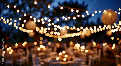 Soft focus outdoor evening event with string lights and paper lanterns