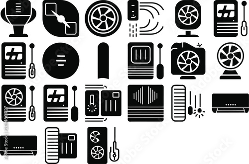 Collection of black and white air conditioning and ventilation system icons