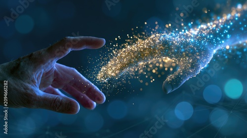Two hands, one real and one digital, reaching out to connect across space
