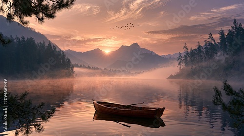 Serene sunrise over misty lake with solitary rowboat and distant, rugged mountains