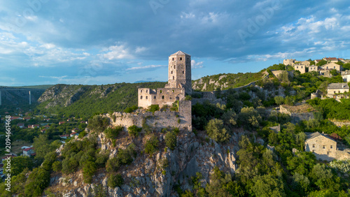 Aerial View of Historic Pocitelj Citadel and Stone Tower in Bosnia and Herzegovina